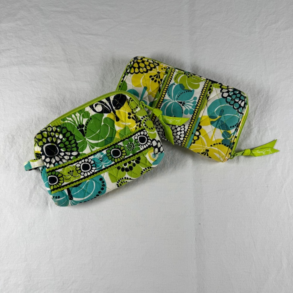 Vera Bradley Limes Up RETIRED Quilted Floral Wallet Cosmetic Bag Lot Flaw